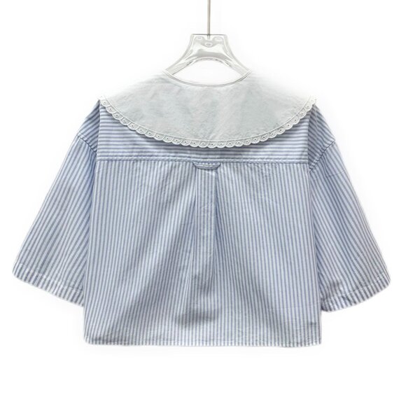 Miu Miu Blue Striped Cotton Baby Collar Short-Sleeved Single-Breasted Shirt Size - Picture 8 of 8